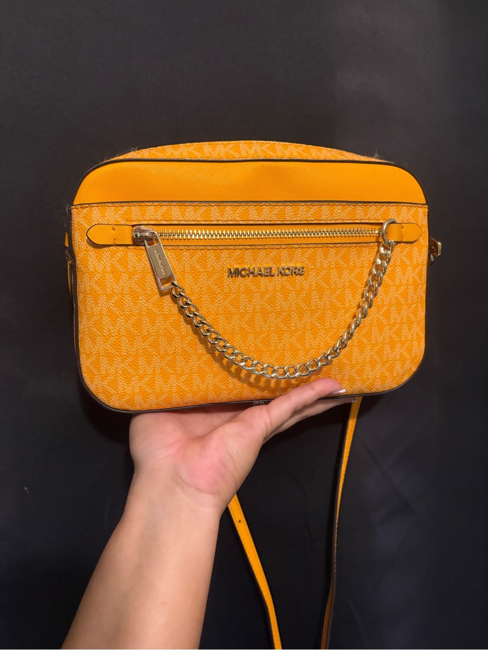 Michael Kors Bright Orange MK Monogram Crossbody with Gold Chain